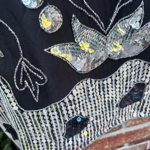 Vintage 80s Sequin Silk Top Black Silver Beaded Party Blouse S - Picture 3 of 10